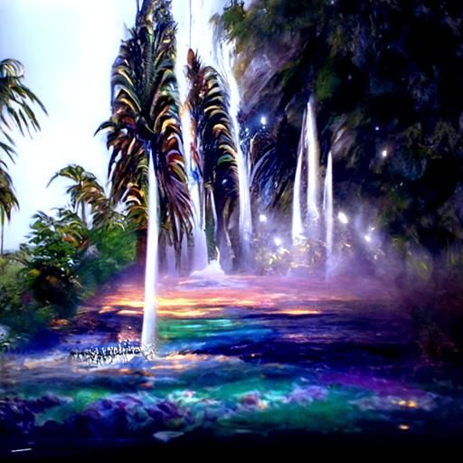 Beach galaxy waterfall palm tree