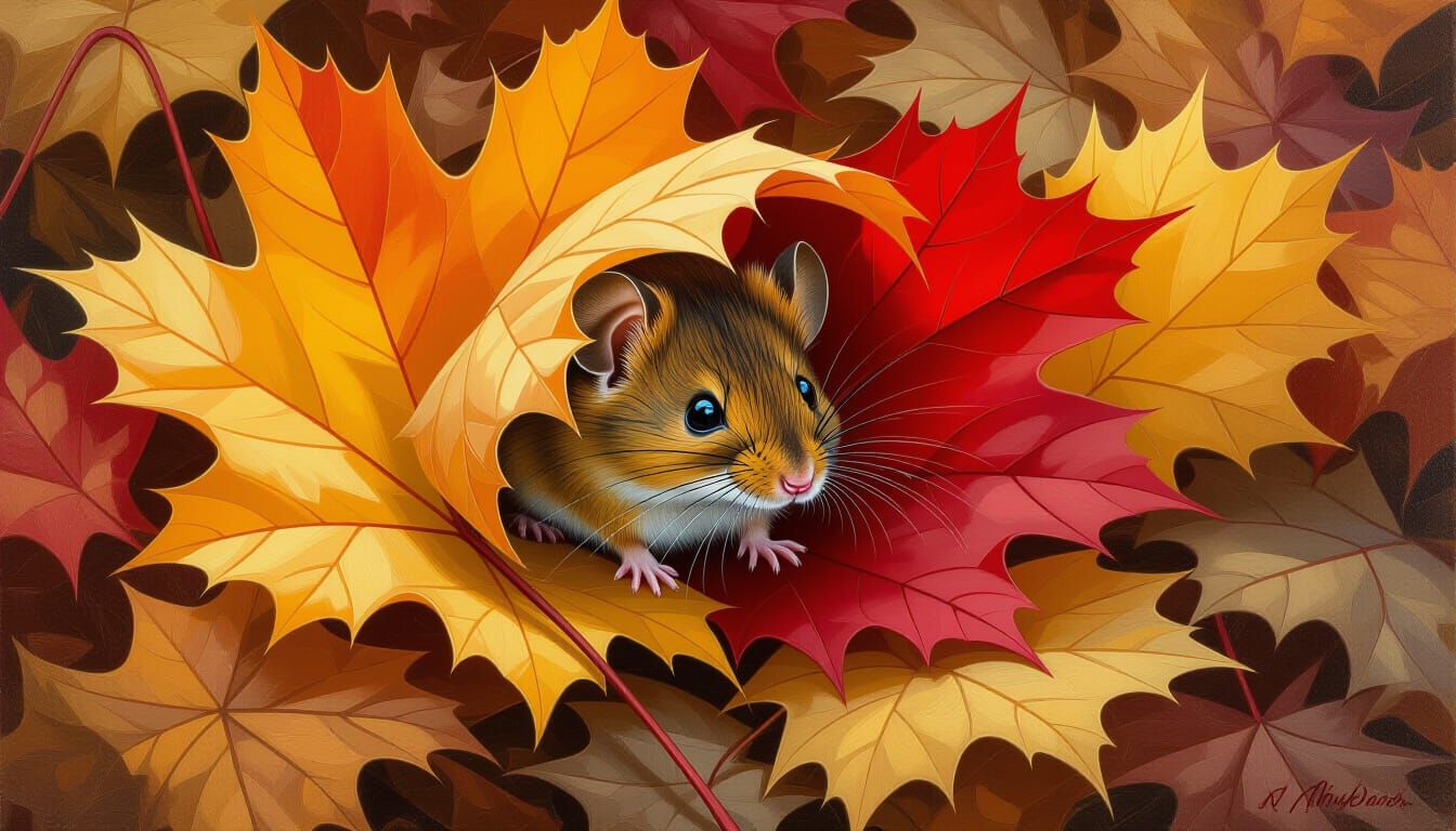 A tiny field mouse peeks out from beneath a large, fallen maple leaf.