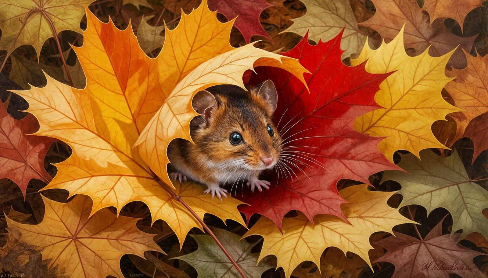 A tiny field mouse peeks out from beneath a large, fallen maple leaf.  by @Macbeth