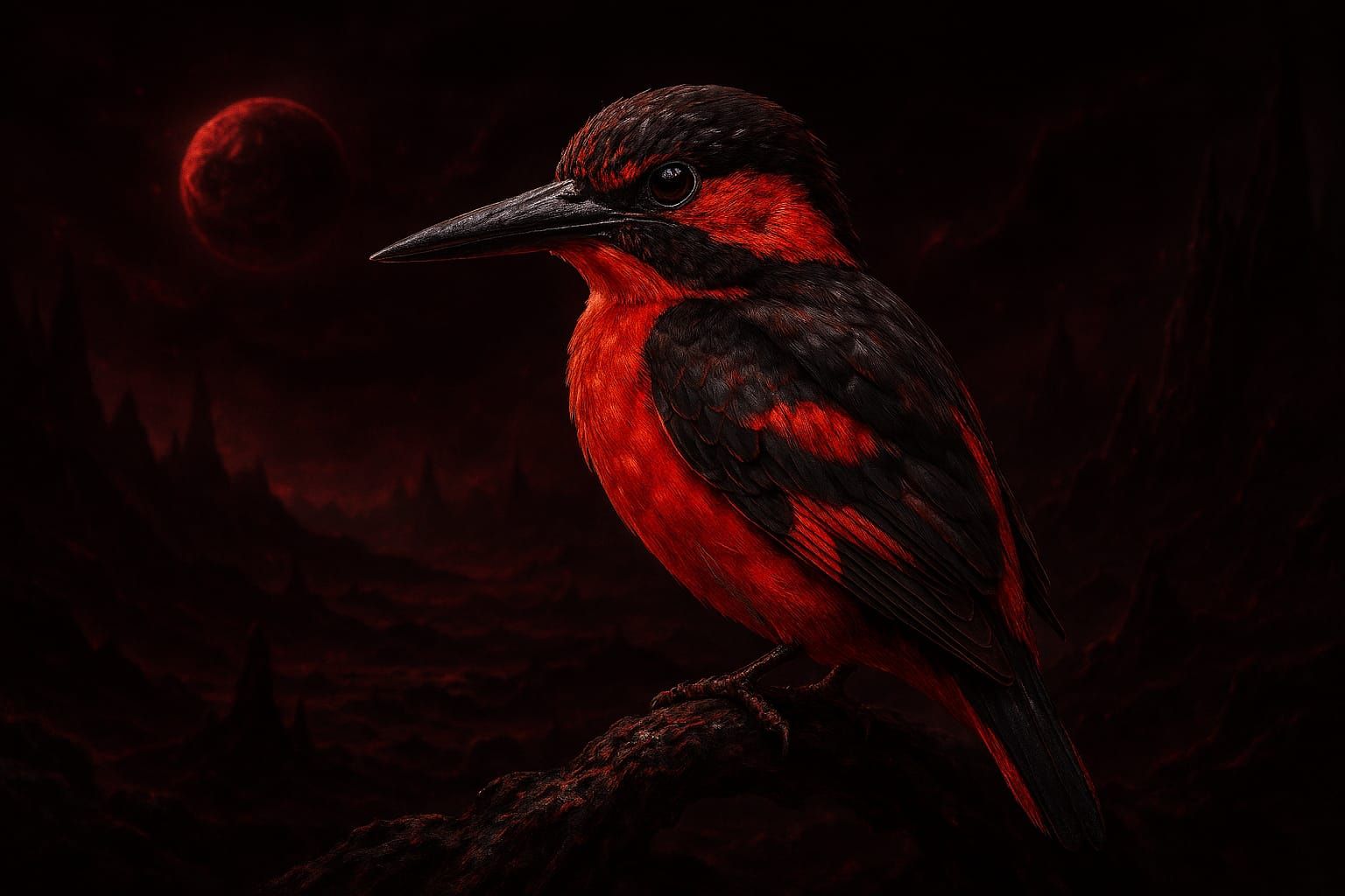 Red and Black King Fisher on an Alien World