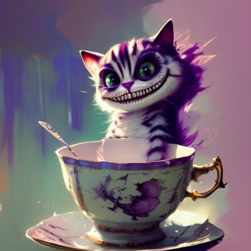 a cute cheshire cat sitting in a fancy teacup!!!