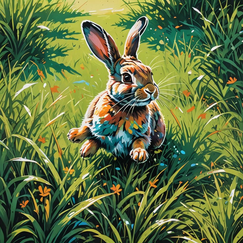A small rabit hopping through a grassy green field