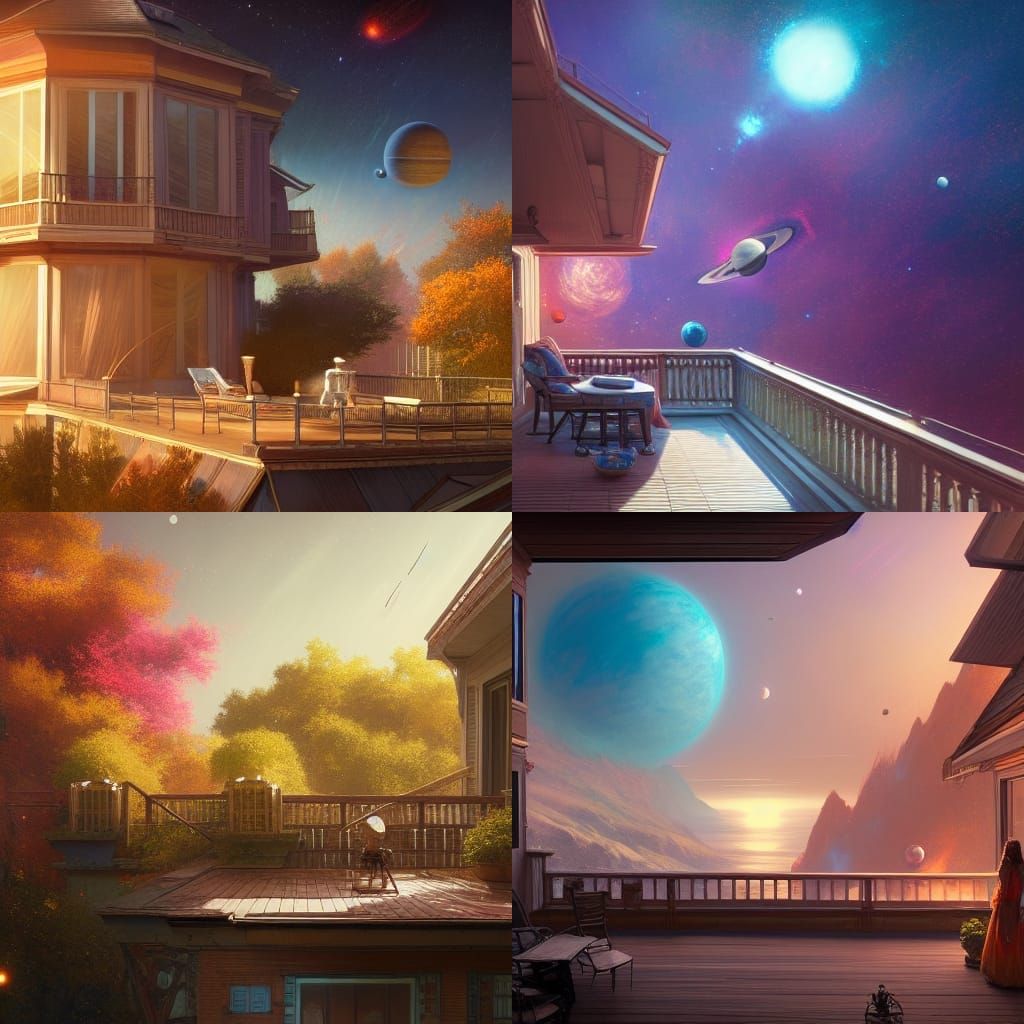 A porch overlooking a warm colorful solar system a masterpie...