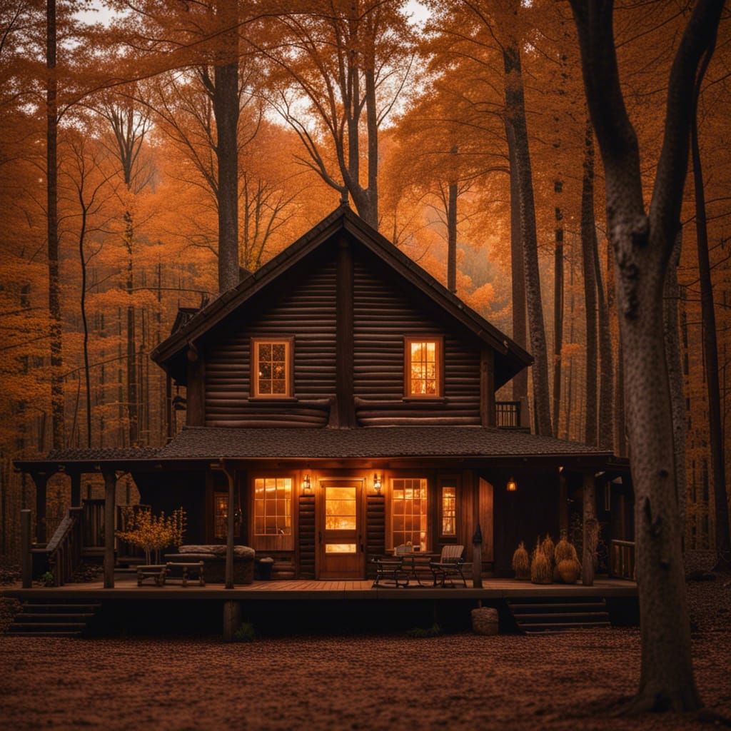 A log cabin in the woods. Fall time. Lights shining through the windows.  by @undefined