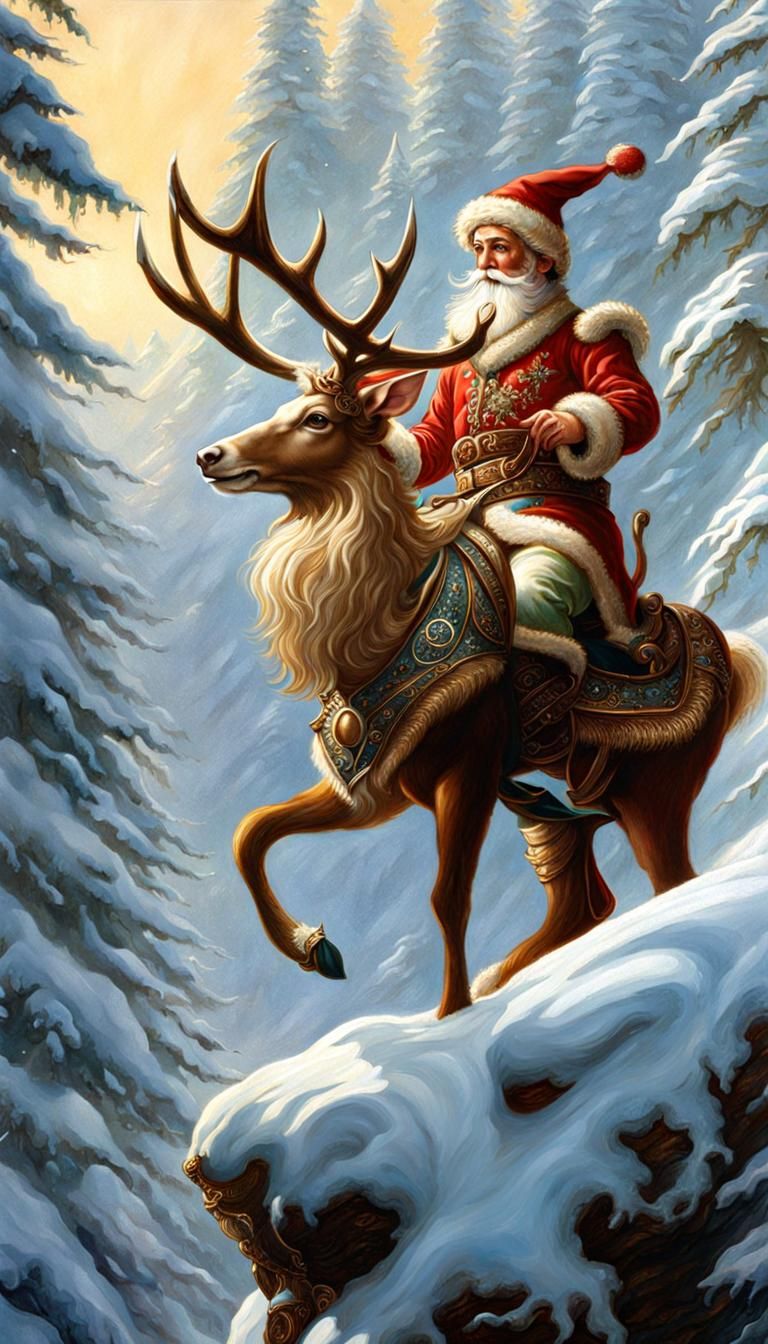 Christmas Elf Rides Reindeer: Detailed Baroque Painting