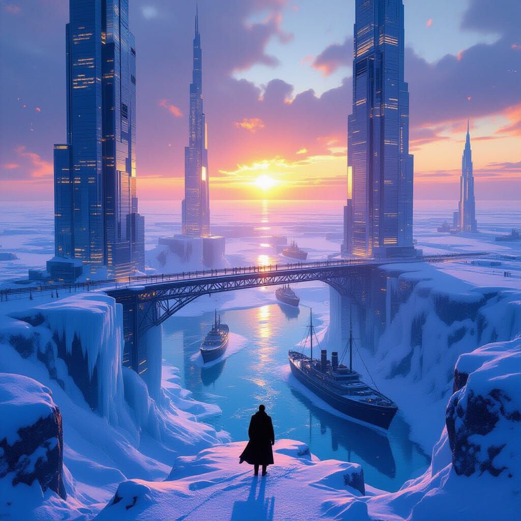 Colossal City Above Frozen Sea in Digital Matte Painting Sty...