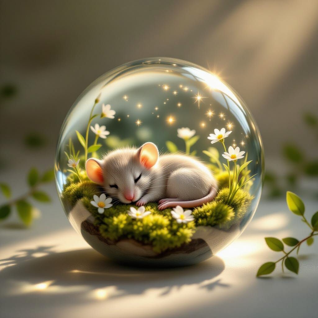 Sleeping Mouse in Crystal Orb: Photorealistic Macro Detail