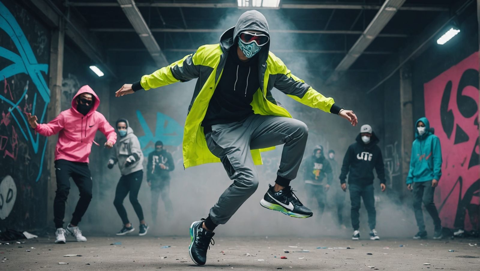 Masked man flying through the air in a rave performing an intricate ...