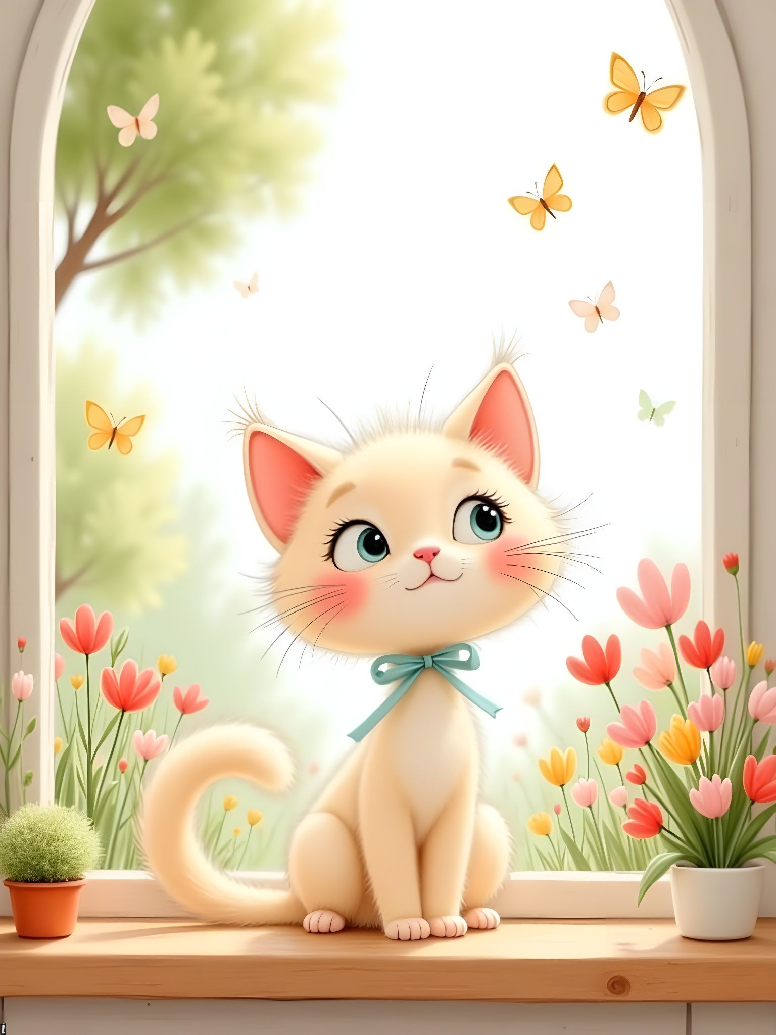 whimsical cartoon, pastel illustration,
soft watercolor texture rendered image features a charming, cartoon-style cat with an oversized head...