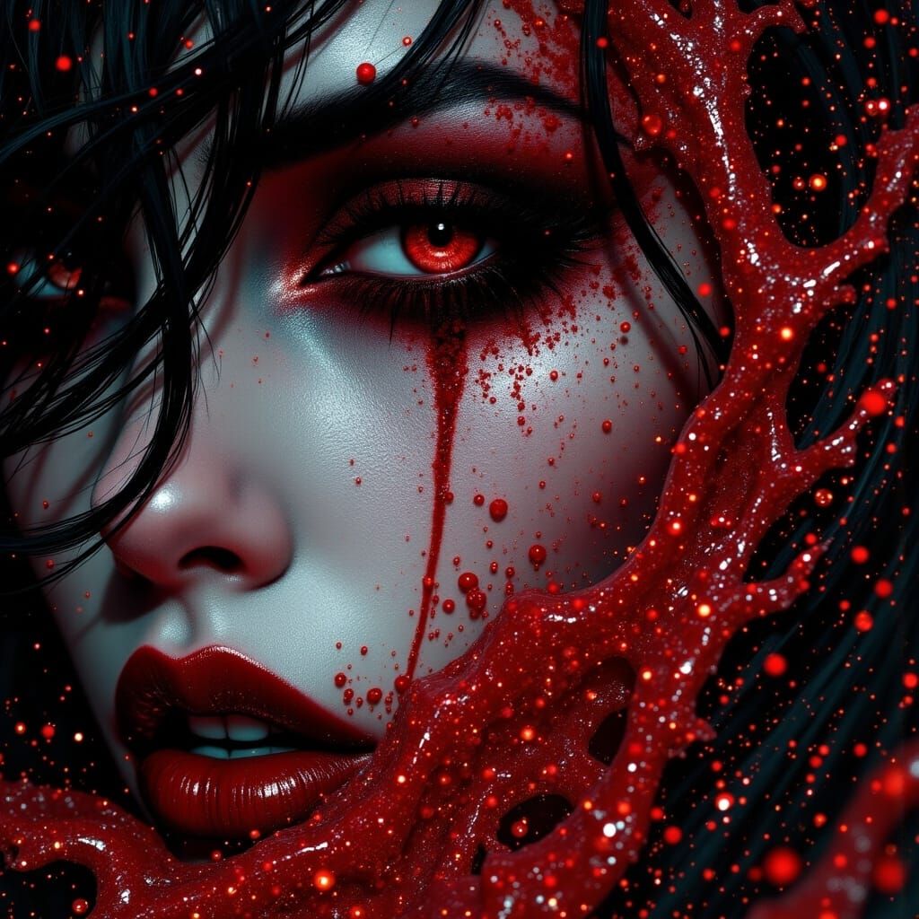 <lora:Dark Vampiress:1.0>; shimmering sparkling white red particles; high resolution wallpaper art; Metal Hurlant and Heavy Metal magazine s...
