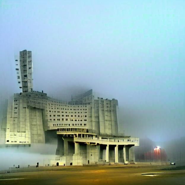 massive soviet concrete building in the fog