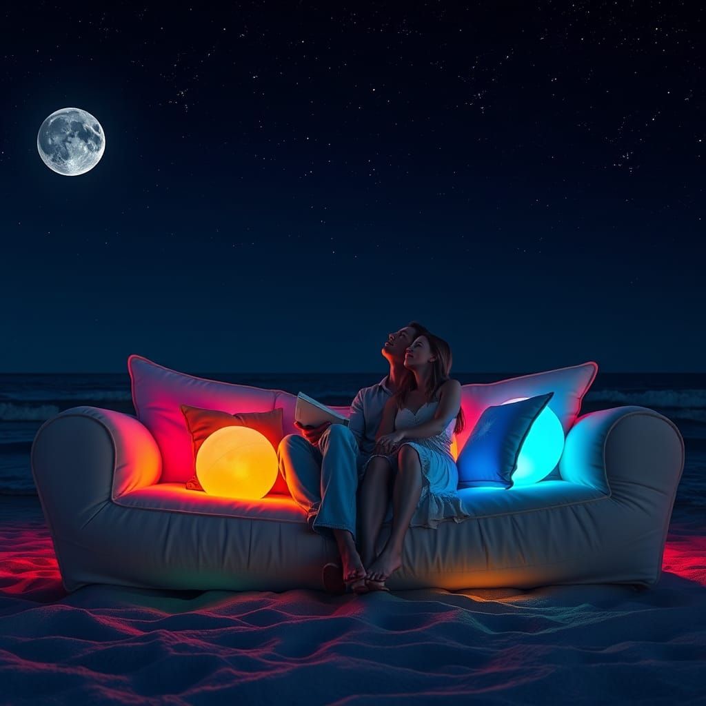 couple sitting on sofa with solar lamp cushions, on a beach ...