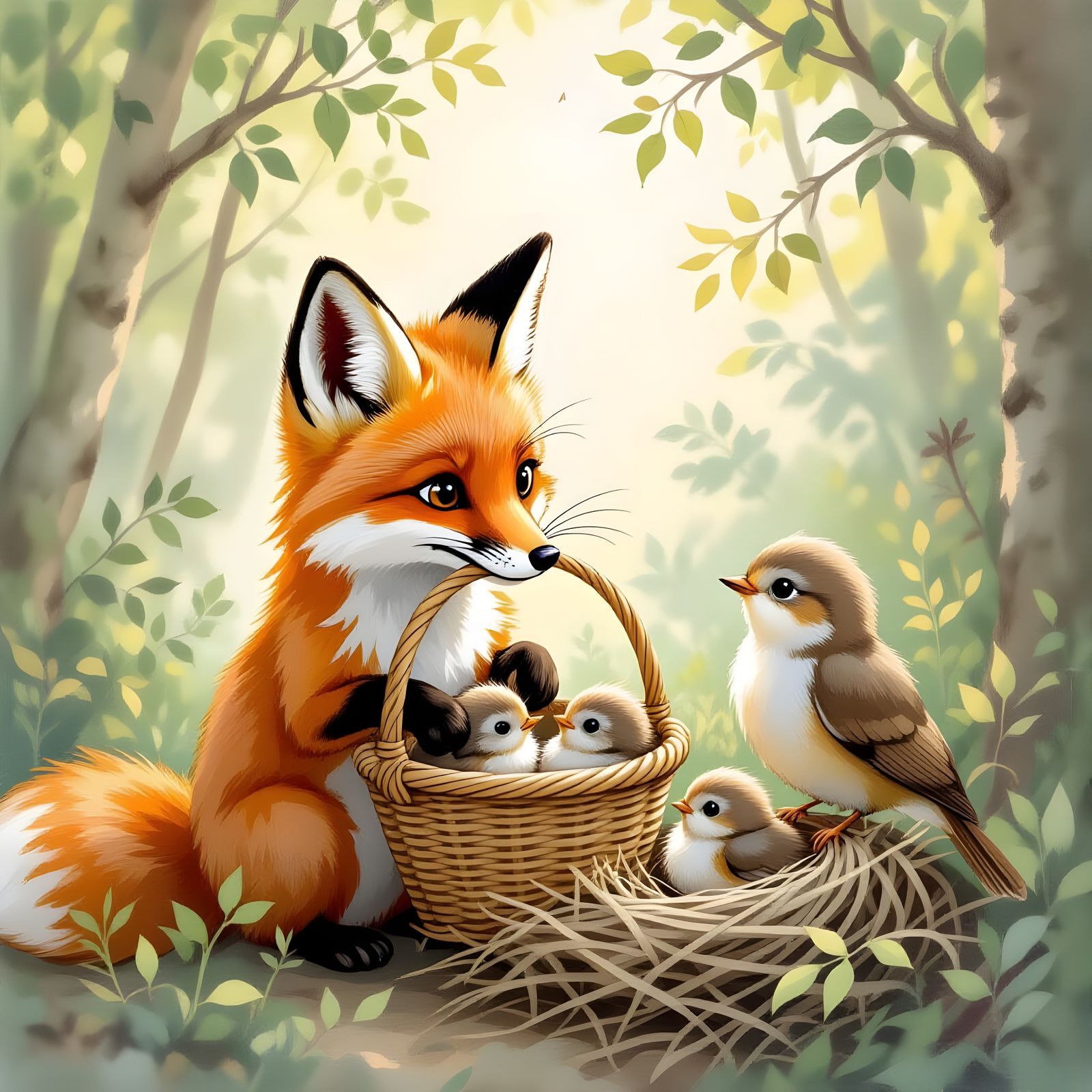 Un petit renard tout roux flamboyant et tout mignon sauve une couvé d'oisillons blessé et effrayé dans ...  by @undefined