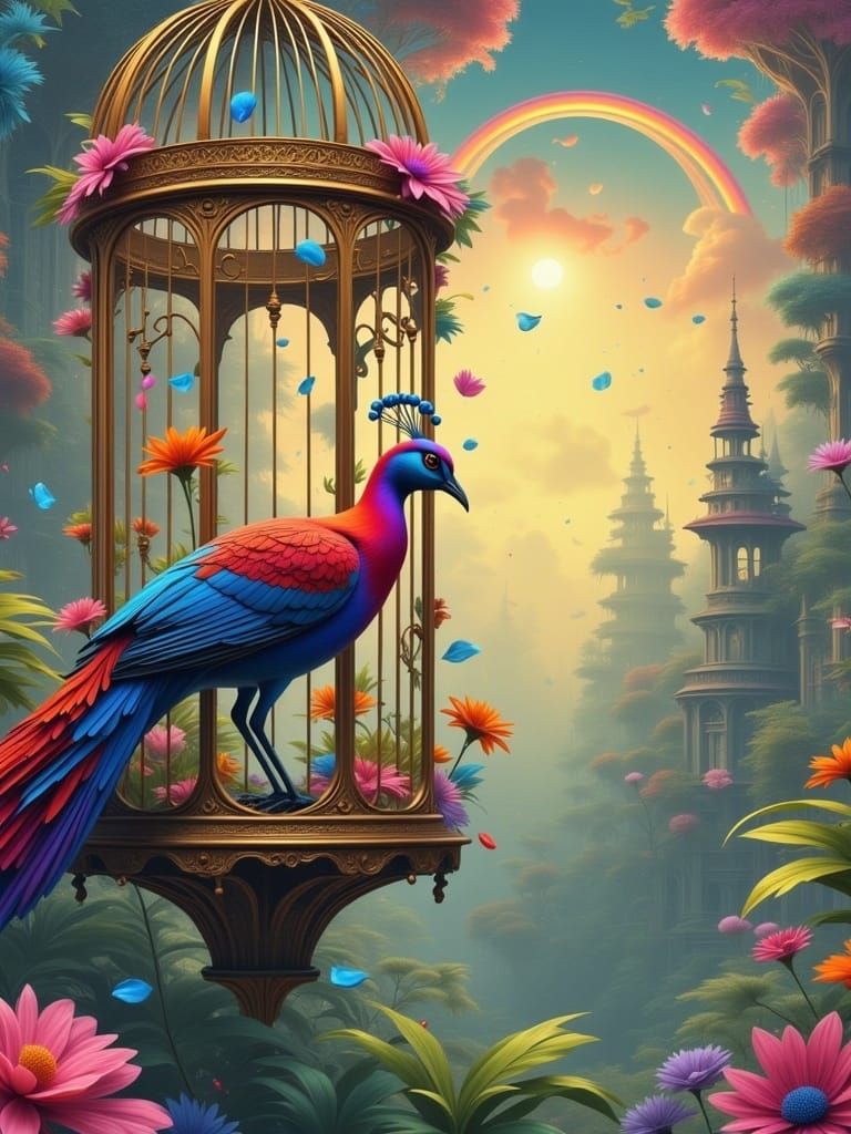 <lora:BLUEBIRD MILLENNIUM:1.0>
UKIO-E AN ANTIQUE RED PEACOOK INSIDE A FILIGREE GEORGIAN-STYLE CAGE, COLOURFUL-FLOWERED CREATION, 
3D FRACTAL...