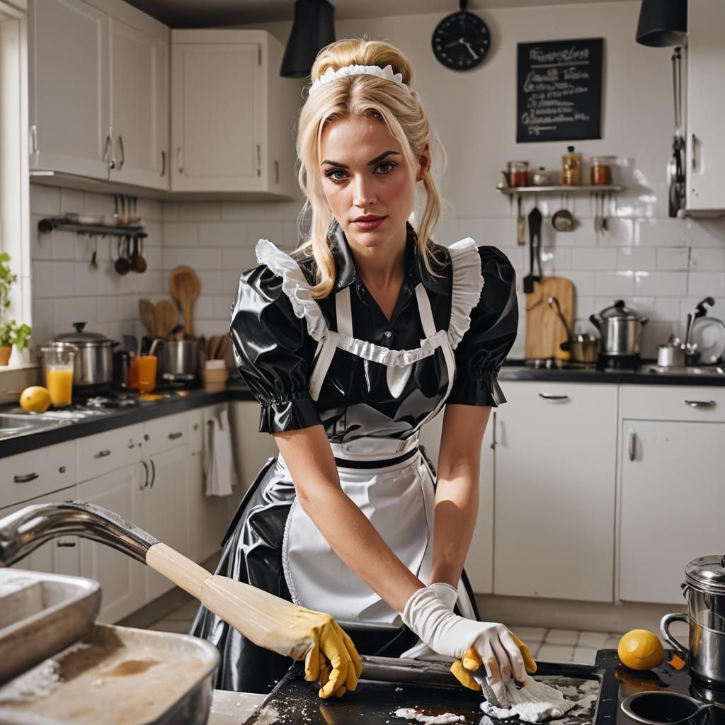 Young Woman in French Maid Outfit Cleans Kitchen