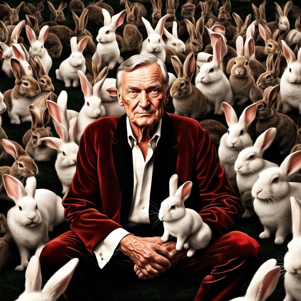 Hugh Hefner surrounded by rabbits