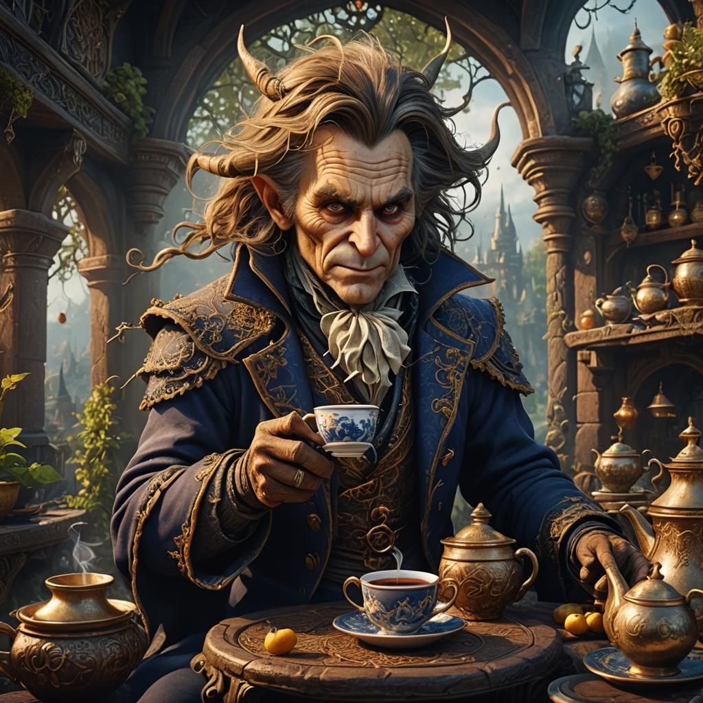 Rumpelstiltskin drinking tea