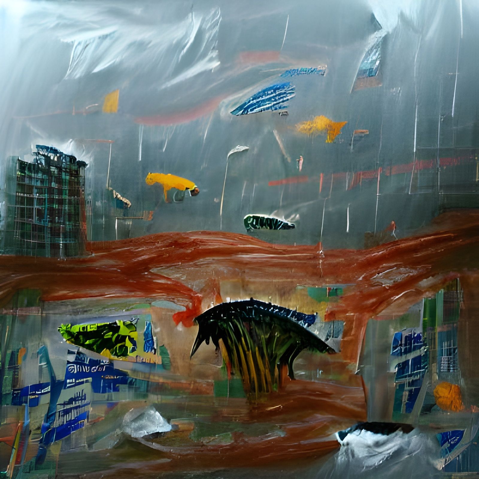 fish swimming through plastic detailed painting expressionis...