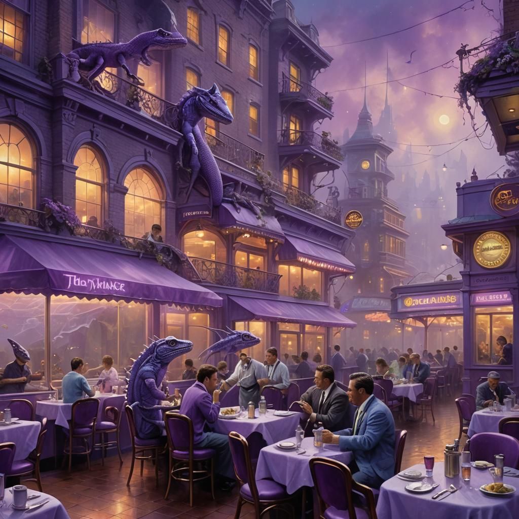 Purple lizards,in a purple diner in a purple city
