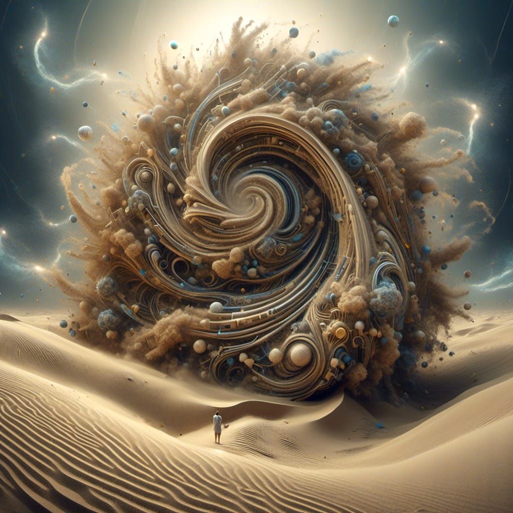 <lora:QDR:1.0>  a sand elemental creature dissolving into a swirl of sand, hyprealistic fantasy image 64 megapixels hyperdetailed higly intr...