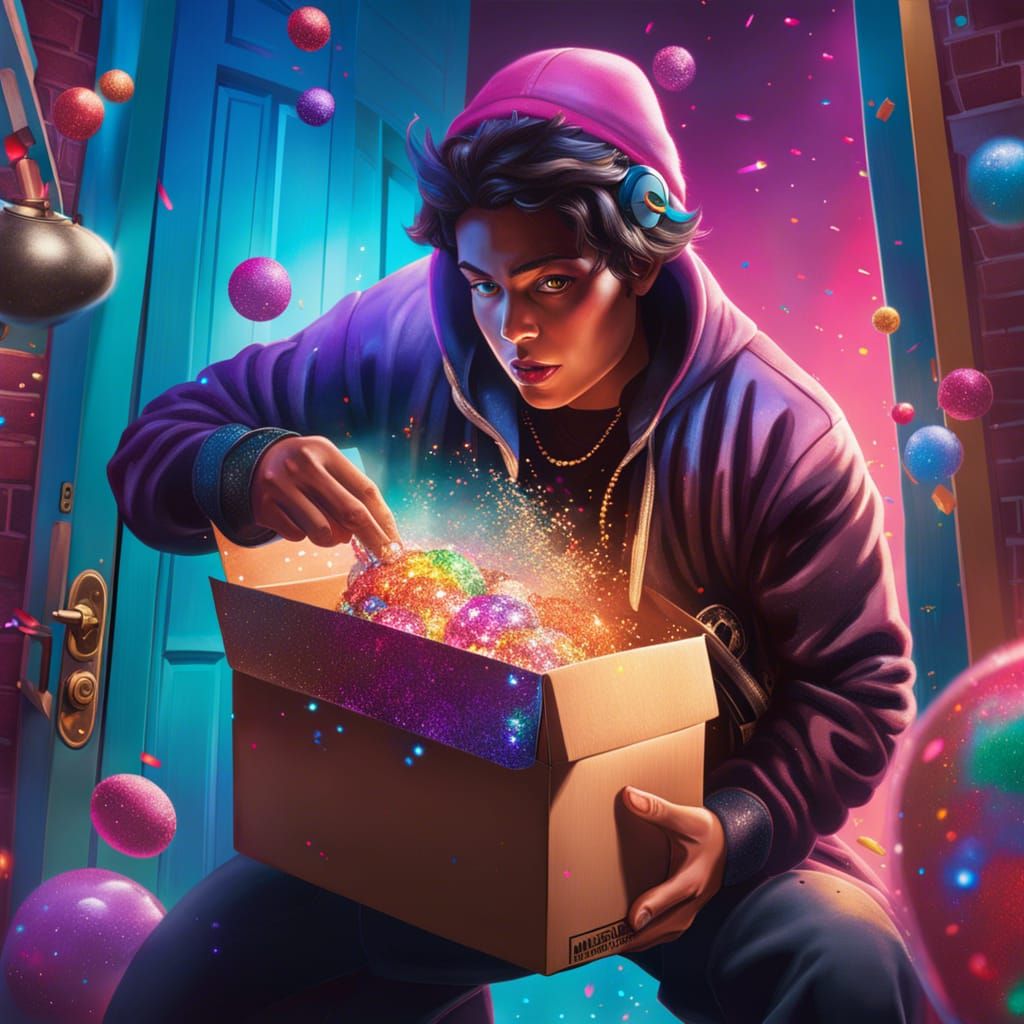 Porch Pirates opening a box with a Glitter bomb in it. AI Generated