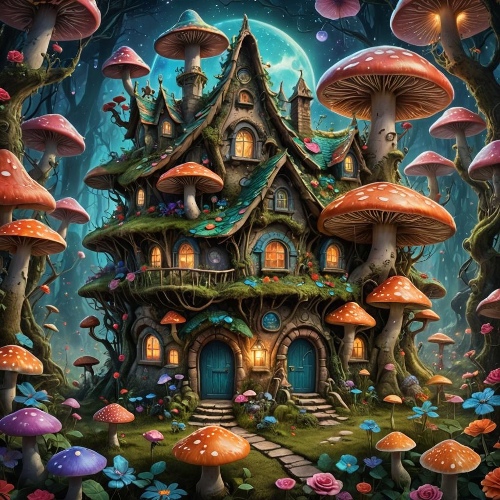 Magic Space Mushroom House  of Flowers Roses ,  Forest misti...
