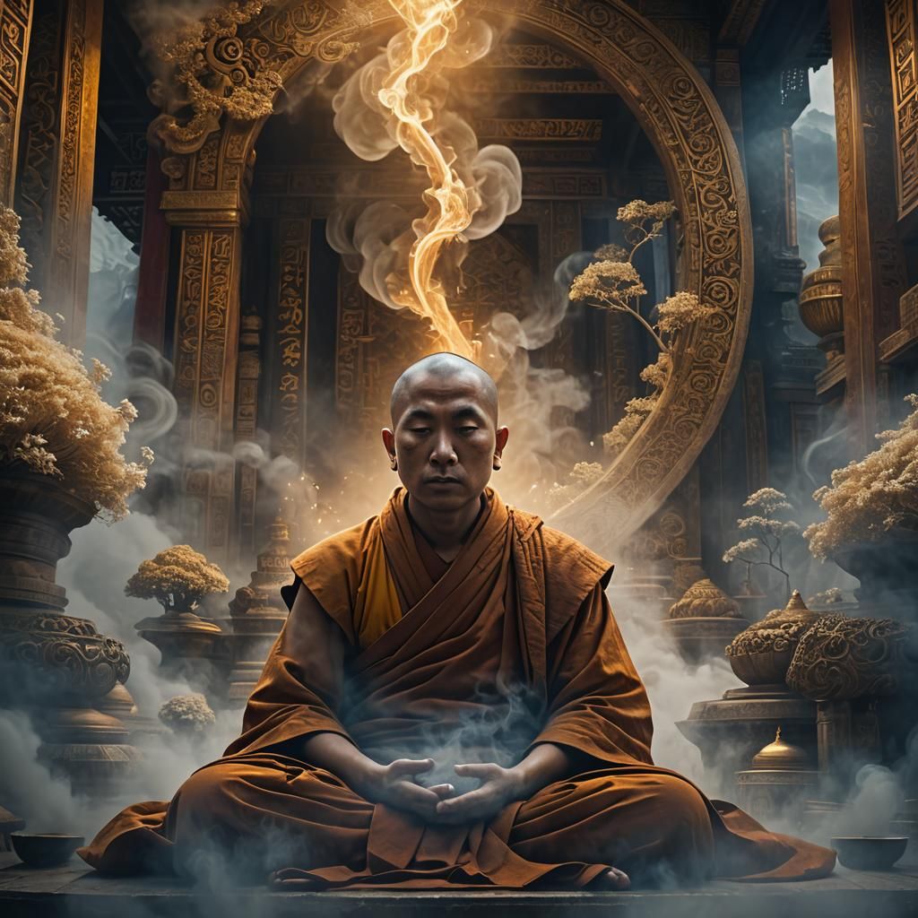 Serene Buddhist Monk in Ethereal Misty Landscape