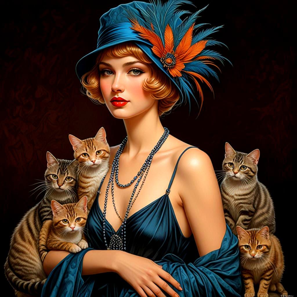 Glamorous Flapper Girl Surrounded by Whimsical Pets in a Vib...