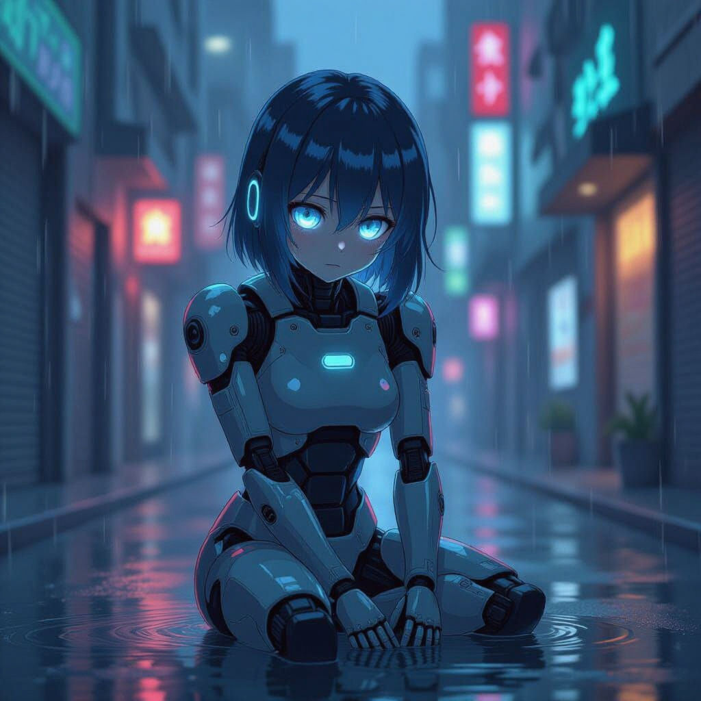 Melancholic Anime Robot in Rainy Cyberpunk Alley