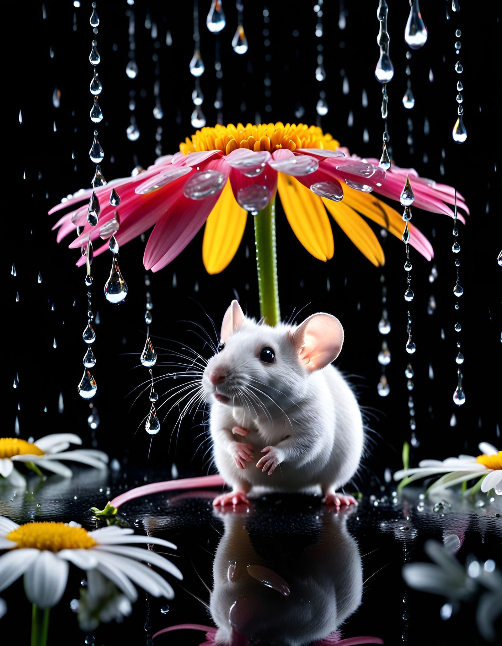 Photorealistic, full hd, 24k, 3d wide angle image of raining scenery where a mice is under a flower soaking ...  by @Vey Telmo