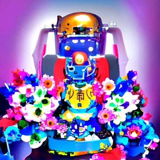 a robot Sakyamuni with many machines and beautiful flowers