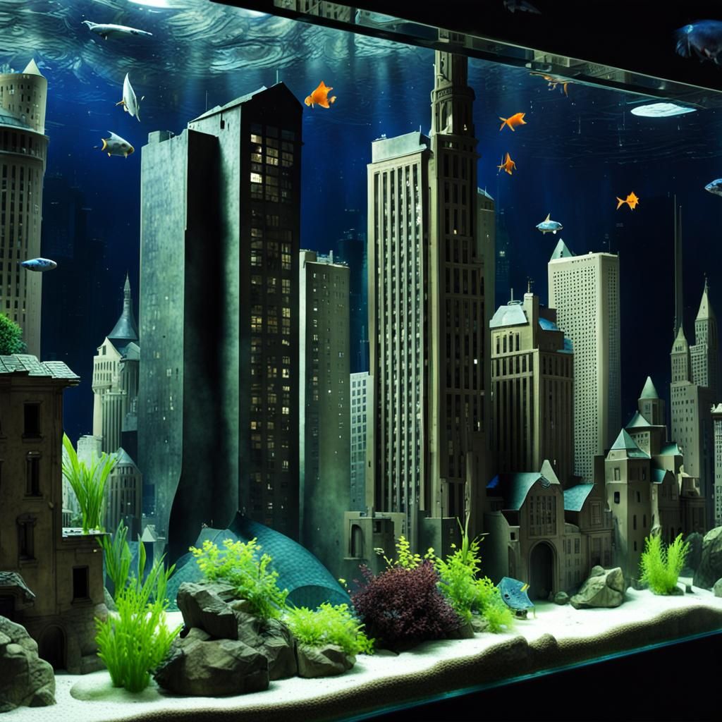 a cityscape alive inside a fish tank