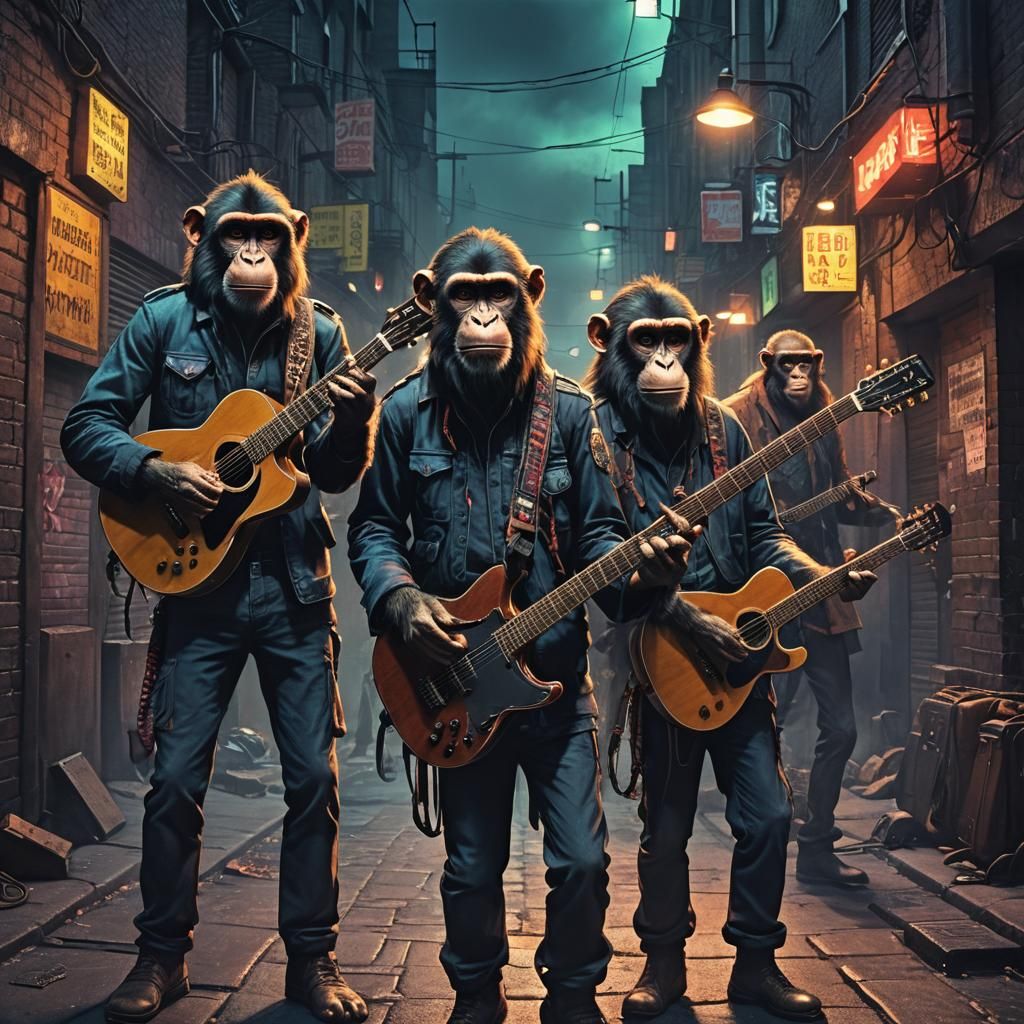 armed and dangerous monkey men with braids on their heads and guitars in their hands