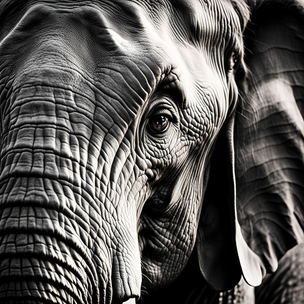 close up of a an elephants face, black and white, Close up portrait, ambient light, Nikon 15mm f/1.8G, ...  by @Barex