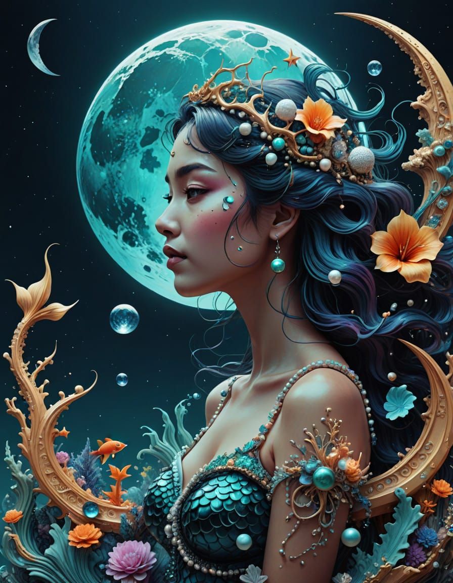 3D Collage illustration double exposure   whimsical moon with mermaid and pearls drawing  split-complementary ...  by @Jerri
