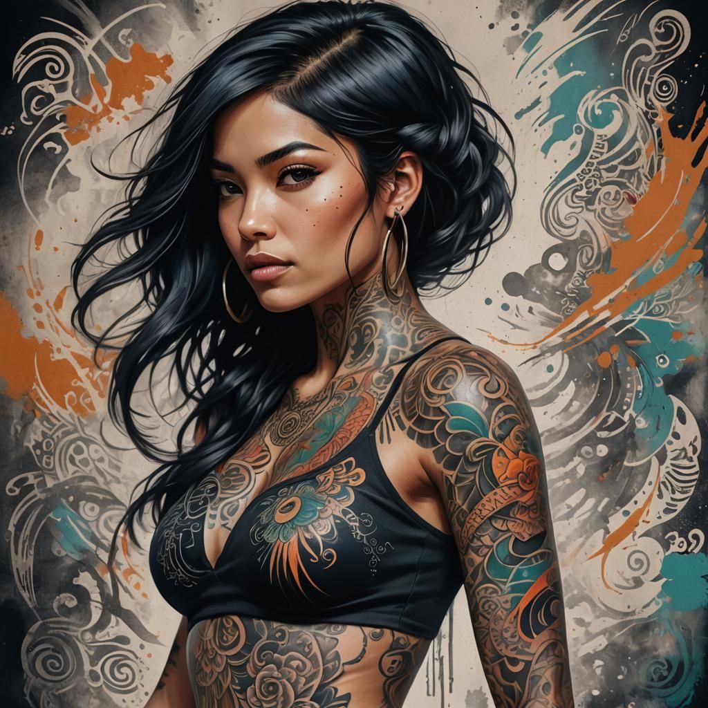 Radiant Tattooed Beauty in Cinematic Digital Painting