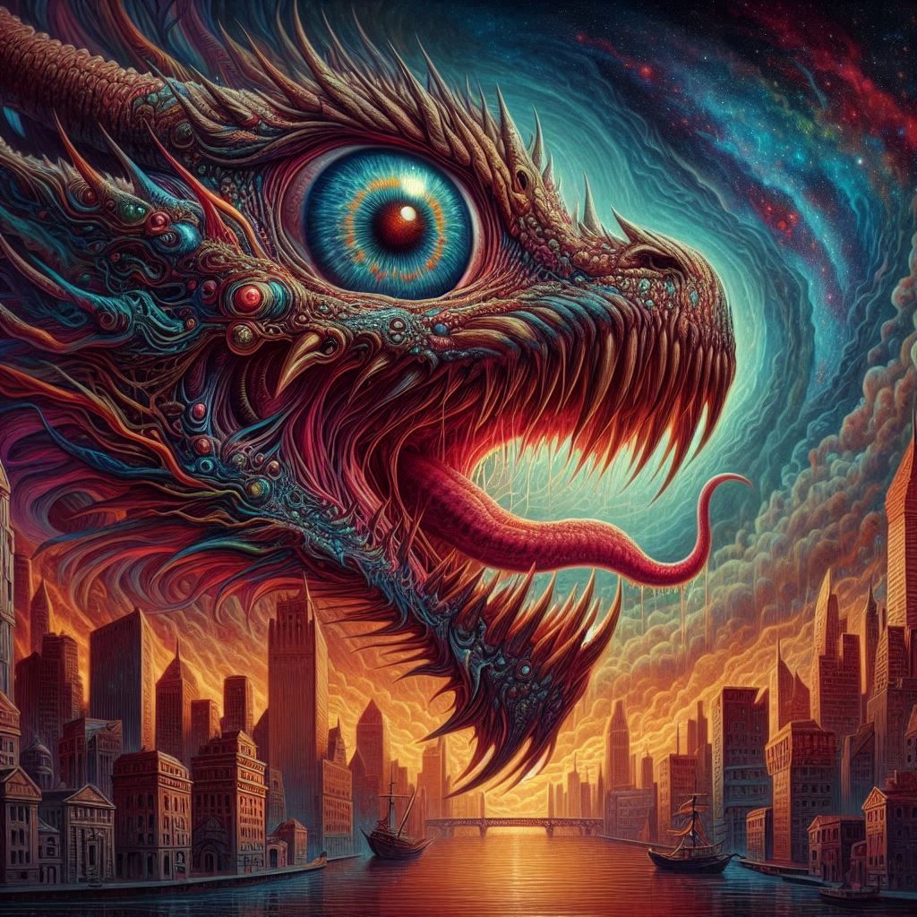 a close up of a dragon head with a city in the background, a surrealist painting, by Dan Mumford, psychedelic art, eyeball, album cover art,...