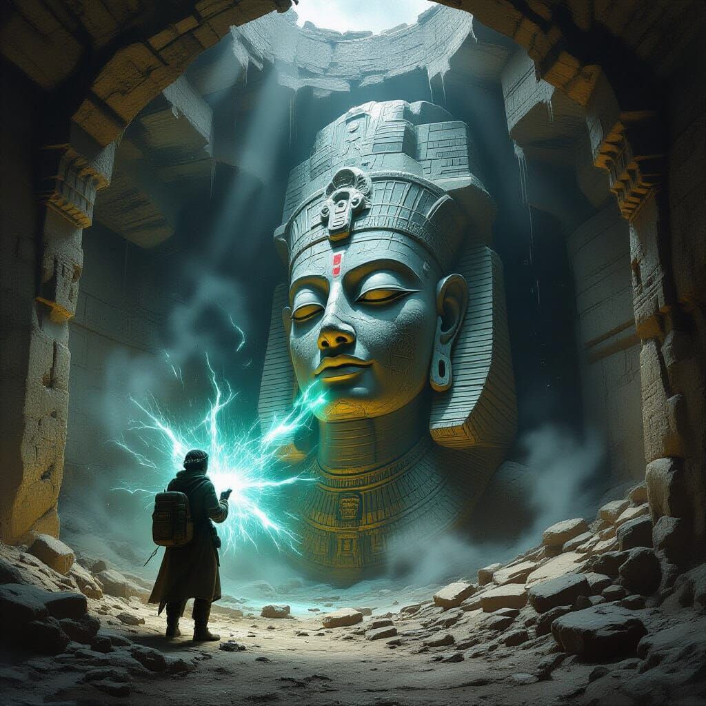 A archaeologist unearthing a colossal, ancient artifact pulsating with ethereal energy in a subterranean ruin. The air is thick with dust an...