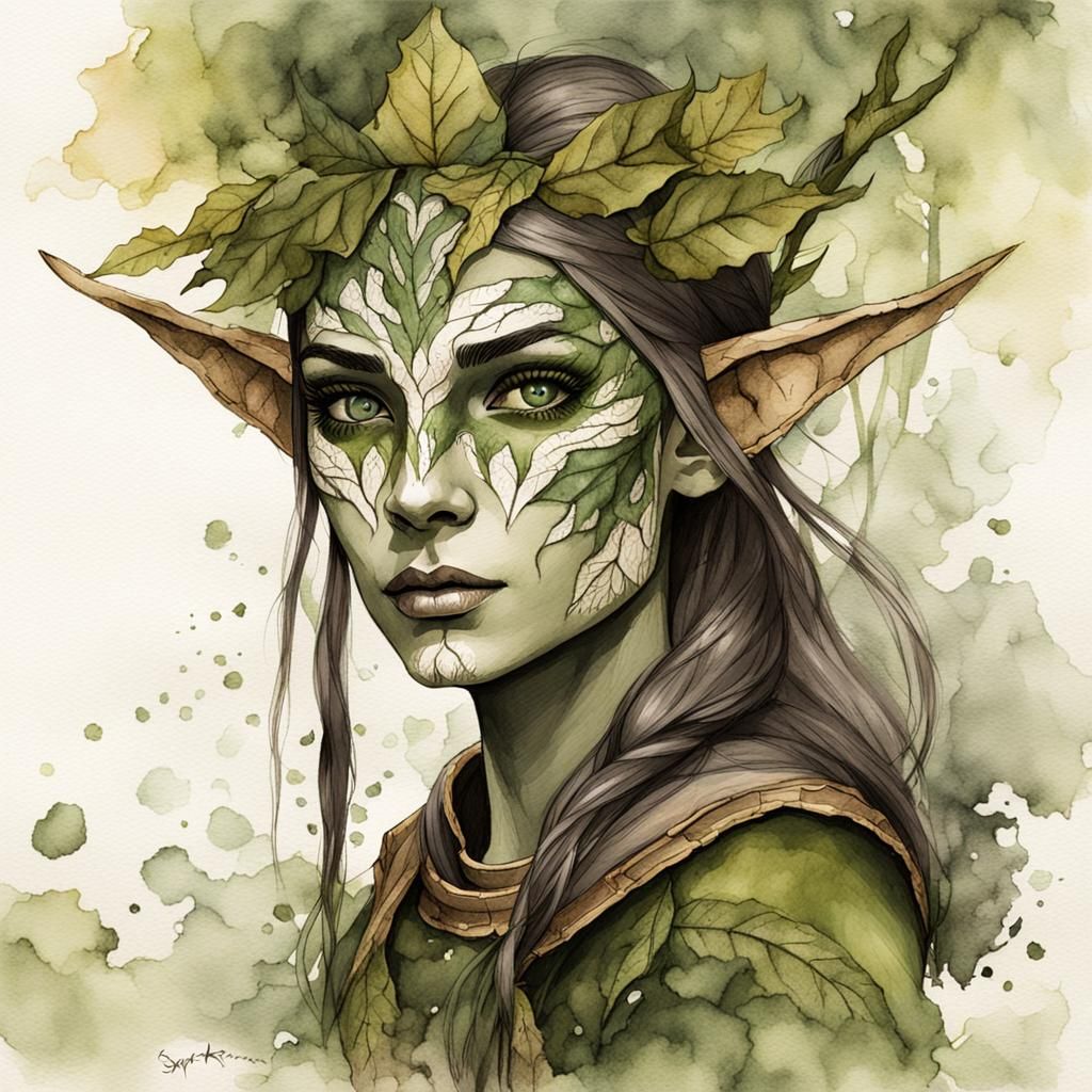 Portrait of Wood elf female feminine botanical with leafy face paint skyrim  mixed media earth tones beautiful nature magical fantasy etherea... - AI  Generated Artwork - NightCafe Creator