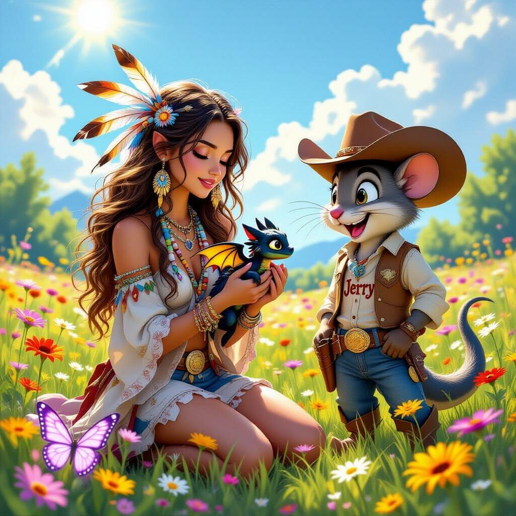 Create a vibrant fantasy illustration set in a sunlit meadow under a bright blue sky. A young woman with long wavy hair adorned with beads a...