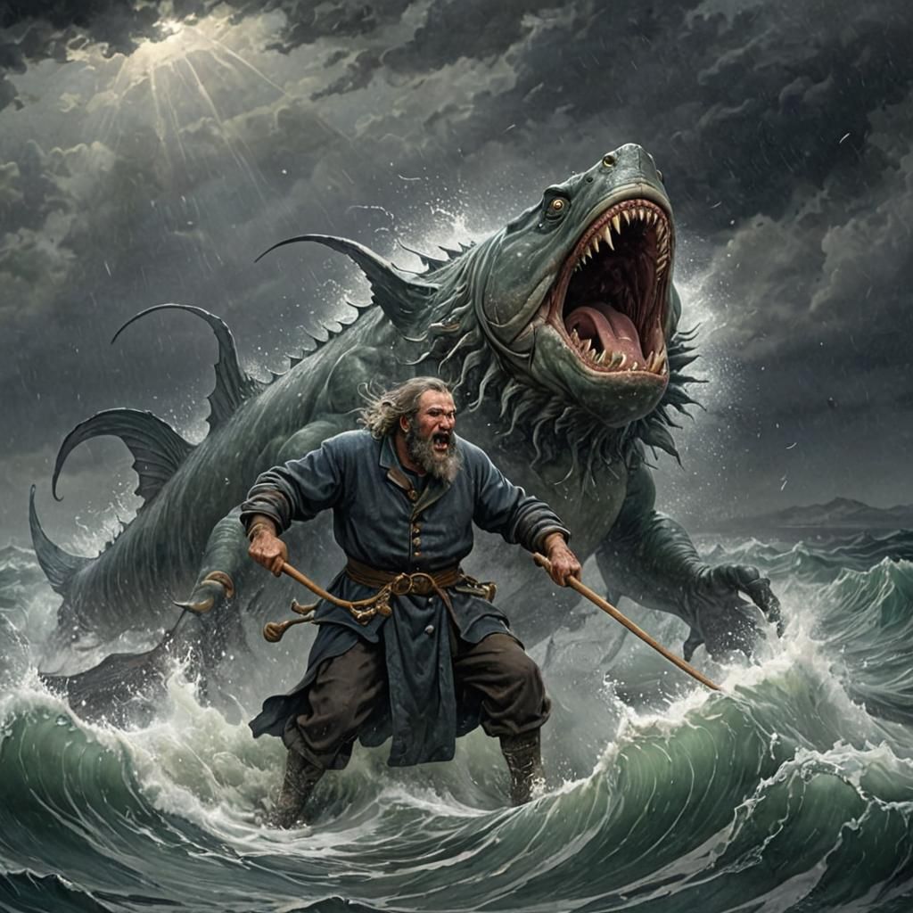 Bearing sea fisherman in a sea storm fighting huge fish mons...