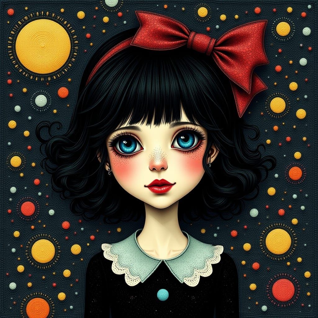 <lora:Quirk On A Whim:1.0> illustration, texture, whimsical, surreal, textured pointillism art, paul signac featuring a gothic looking littl...