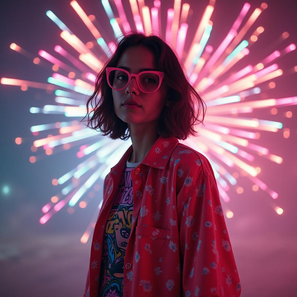 Eleven (elle) from stranger things, at a fireworks display wearing a neon 80's button up shirt with a graphic print, shoulder length hair an...