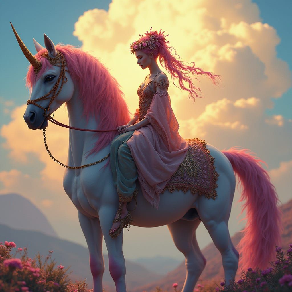 Majestic Fantasy Girl on a Licorne, in Vibrant Dreamy Concep...