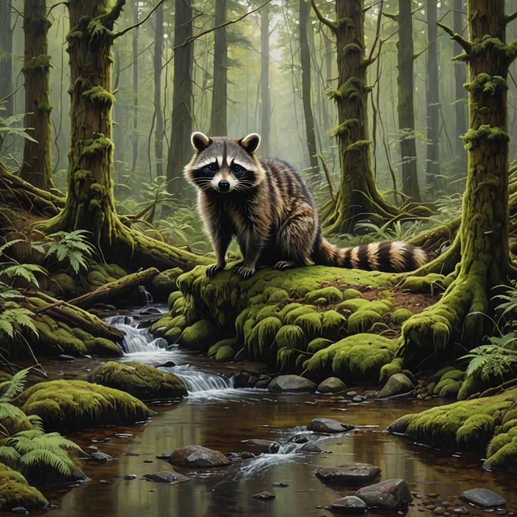 Racoon in a damp forest with lots of moss and a river
