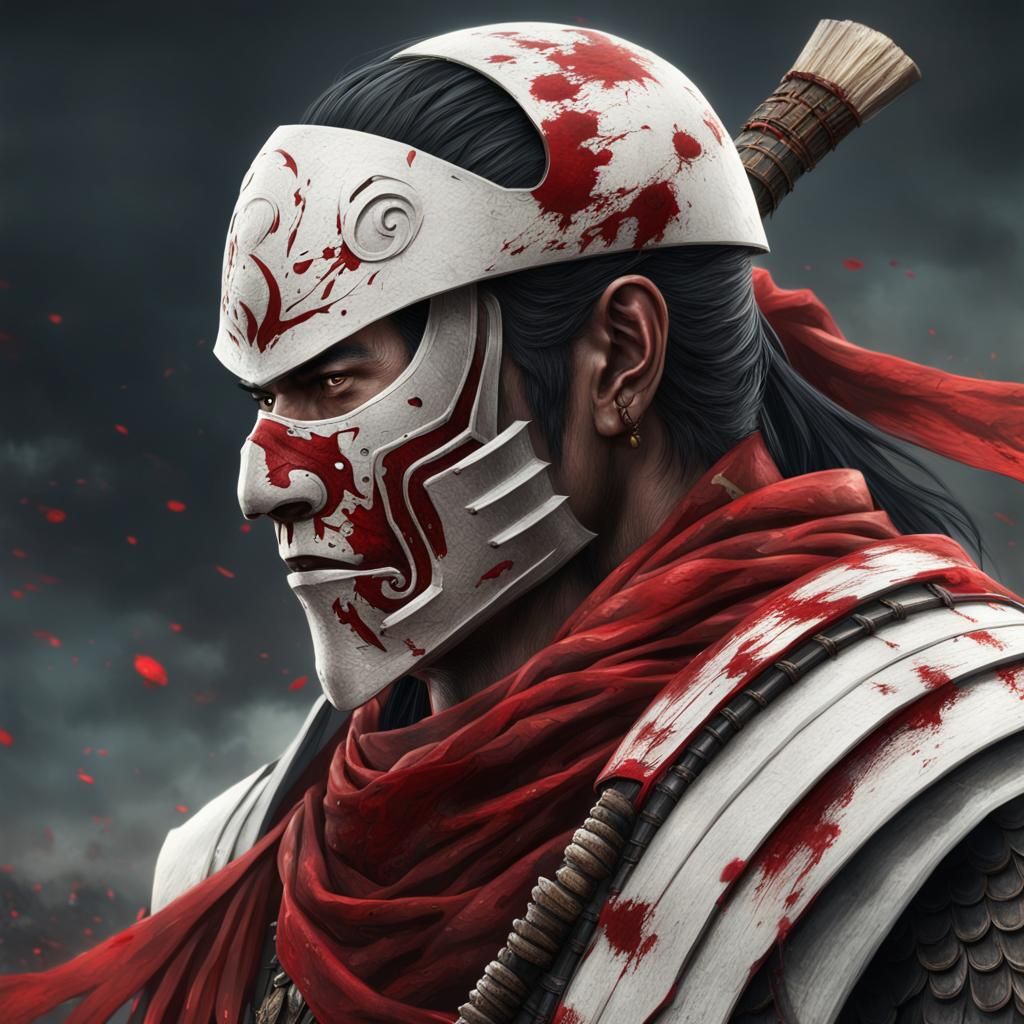 A samurai white armor. Wearing a blood red scarf around his neck. Like ...