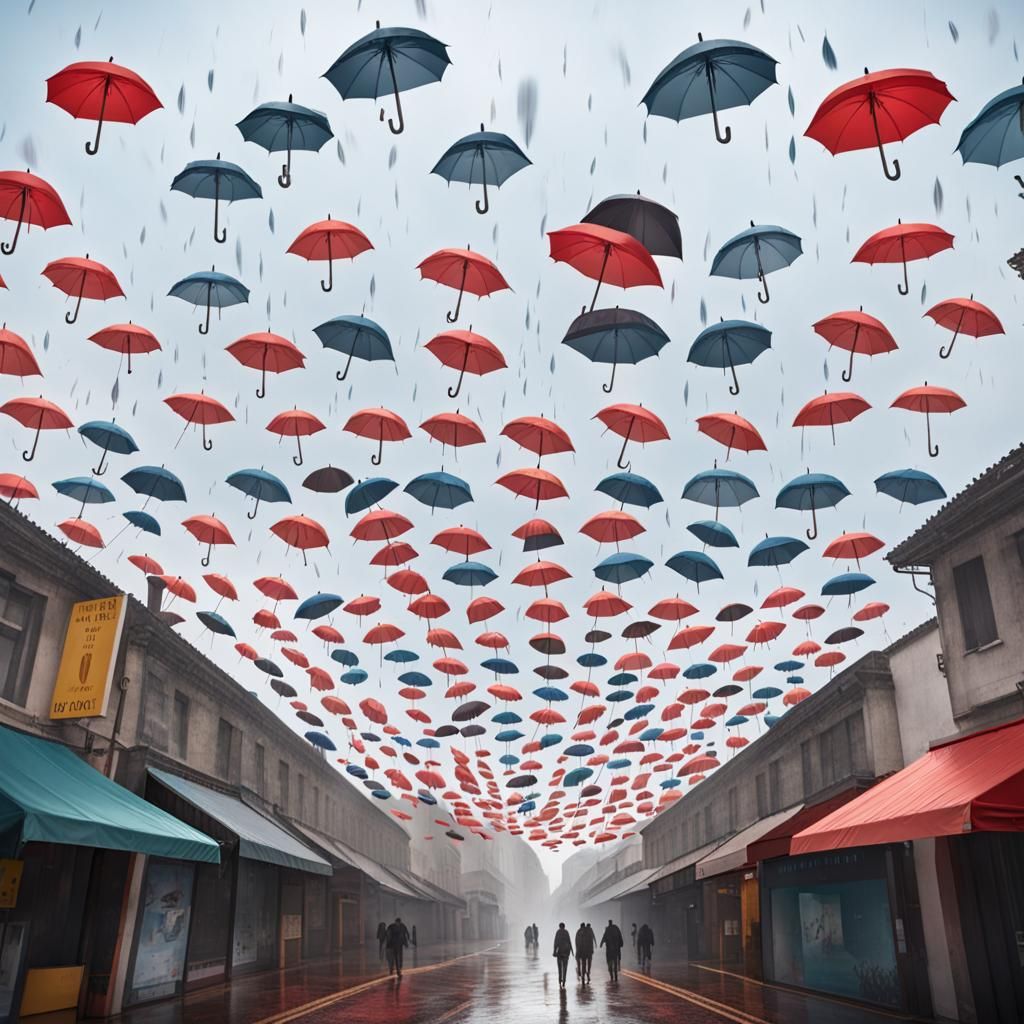 Umbrellas falling from the sky