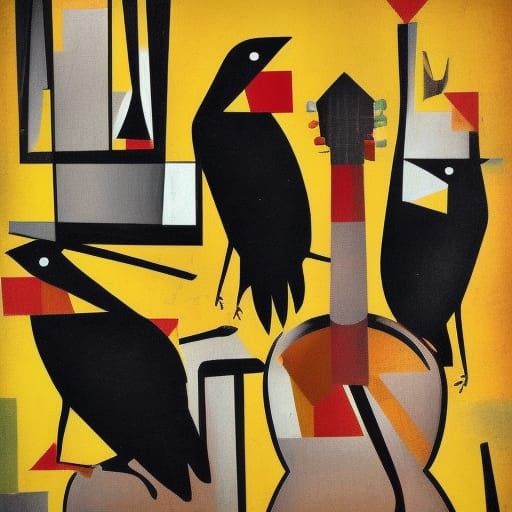 Crows with Guitars in a shabby Bar cubism cubism renaissance...