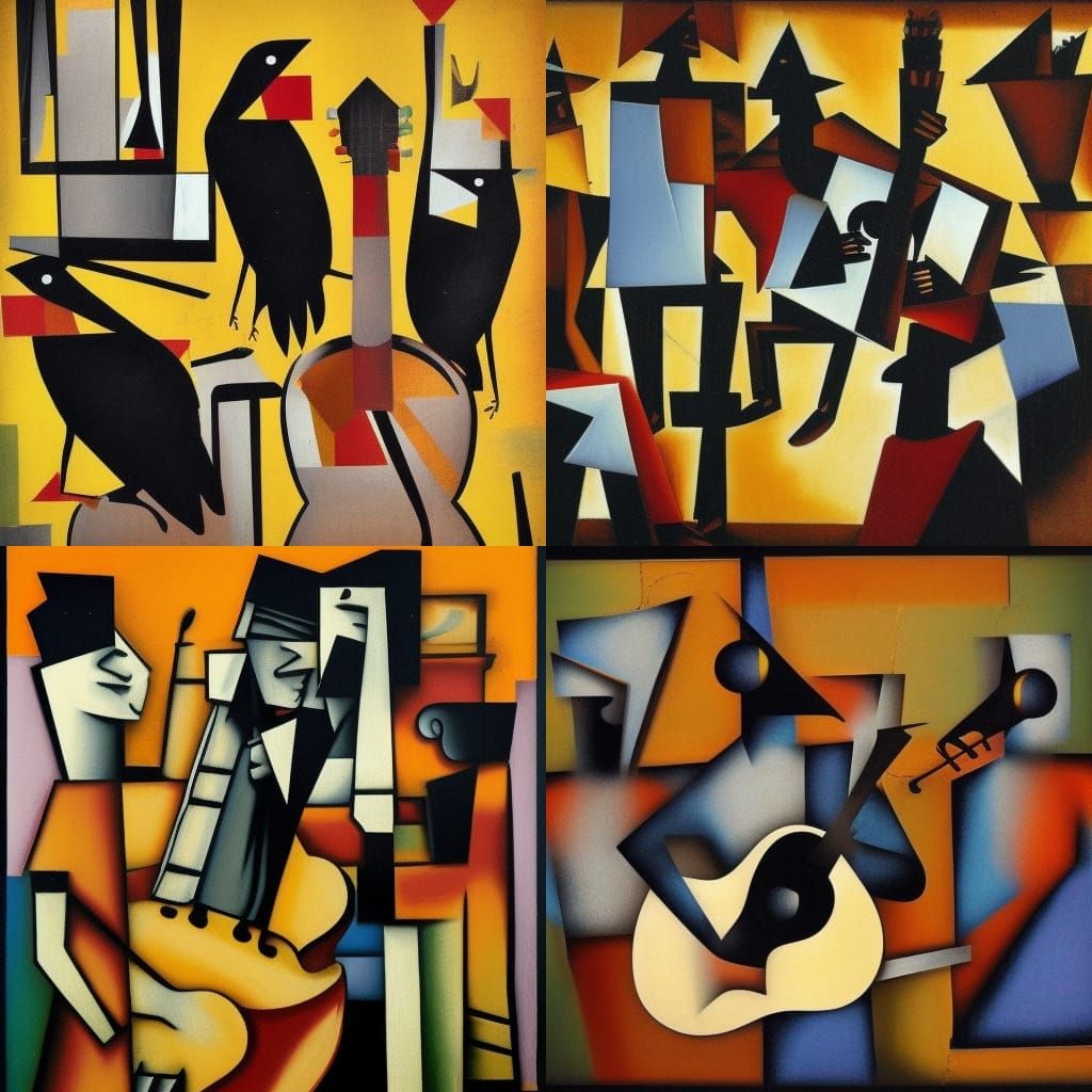 Crows with Guitars in a shabby Bar cubism cubism renaissance...