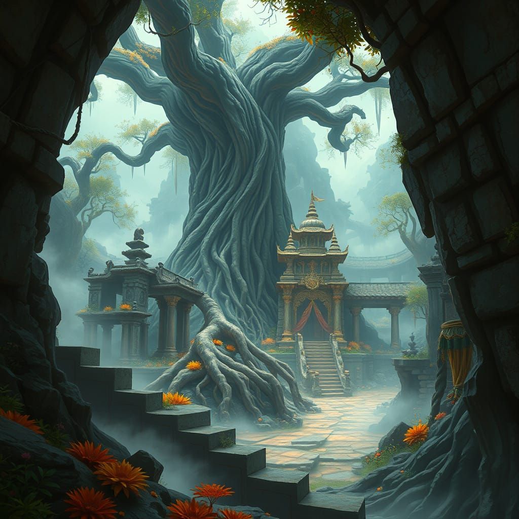 Surreal Temple Ruins in Dreamlike Fantasy Landscape